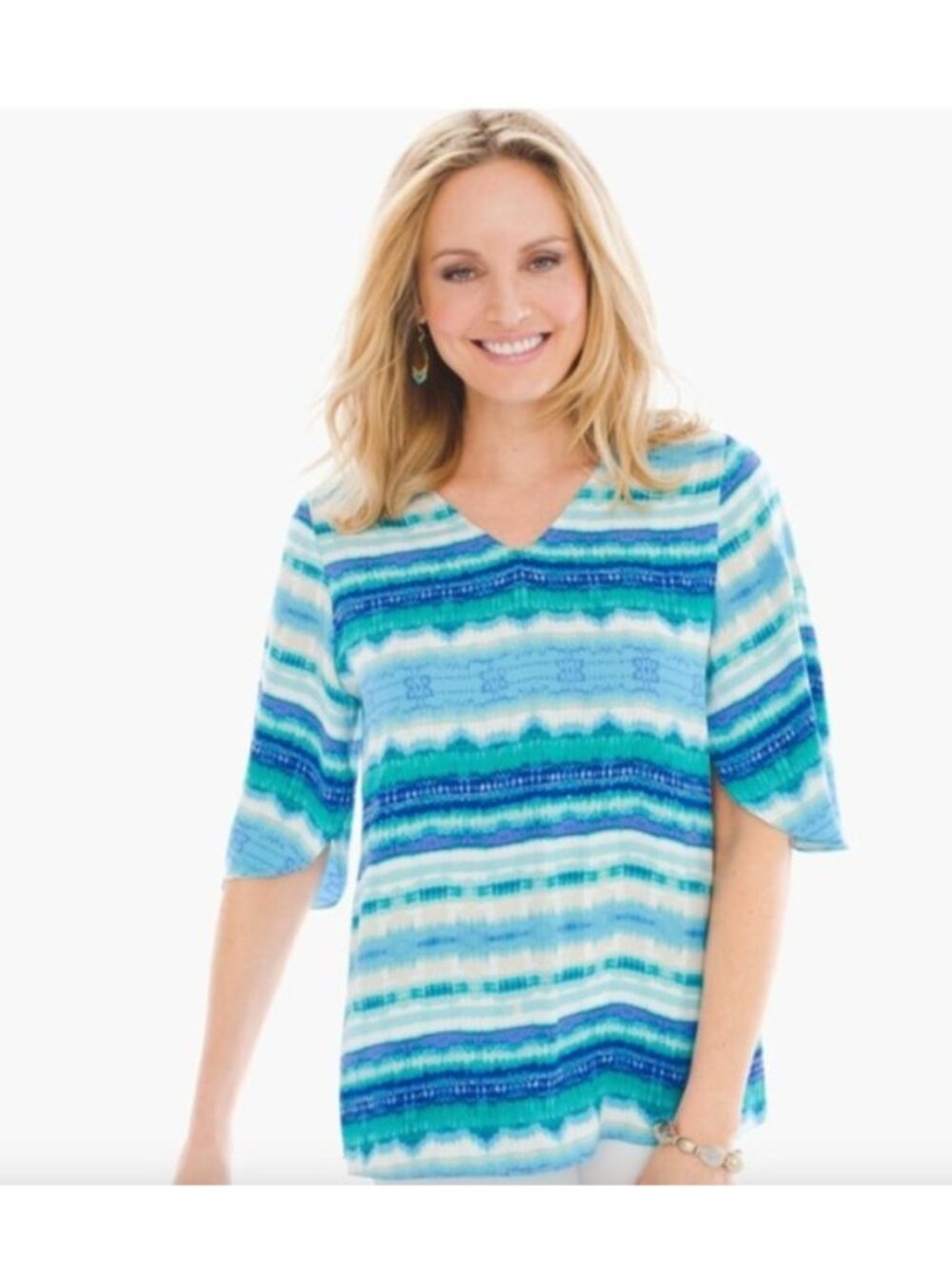 Chico's 3 womens Waterside Striped Tunic V-Neck Blue Top 3/4 sleeve Size XL